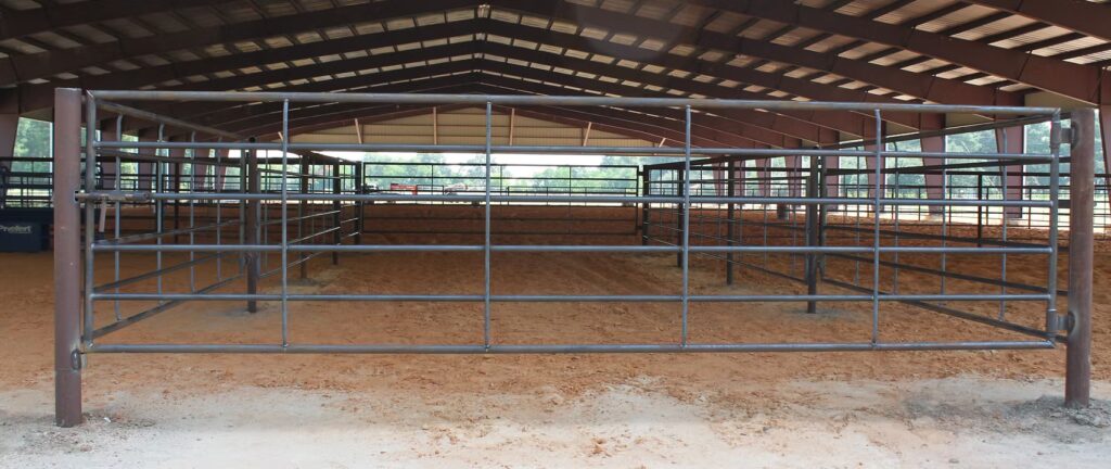Alt text: "Tough Bar Fence Custom Gate for arenas, horse and cattle fencing.